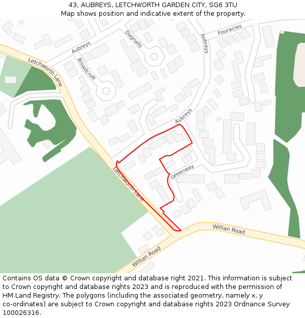 43, AUBREYS, LETCHWORTH GARDEN CITY, SG6 3TU: Location map and indicative extent of plot