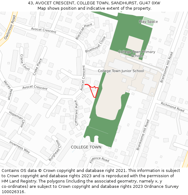 43, AVOCET CRESCENT, COLLEGE TOWN, SANDHURST, GU47 0XW: Location map and indicative extent of plot