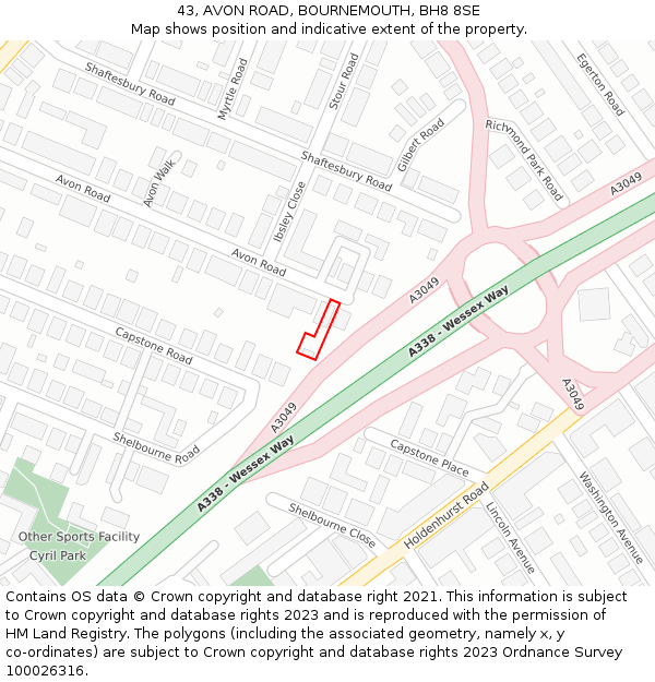 43, AVON ROAD, BOURNEMOUTH, BH8 8SE: Location map and indicative extent of plot