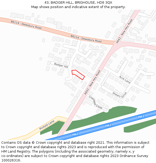 43, BADGER HILL, BRIGHOUSE, HD6 3QX: Location map and indicative extent of plot