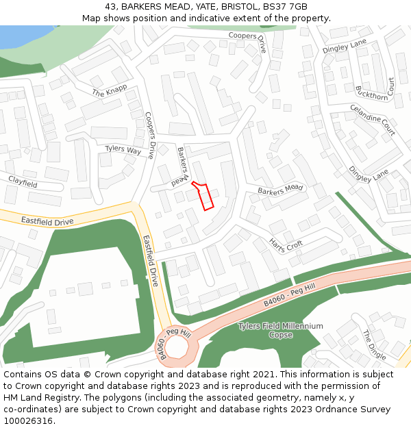 43, BARKERS MEAD, YATE, BRISTOL, BS37 7GB: Location map and indicative extent of plot