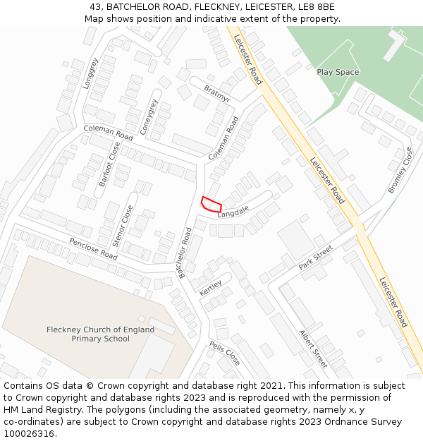 43, BATCHELOR ROAD, FLECKNEY, LEICESTER, LE8 8BE: Location map and indicative extent of plot
