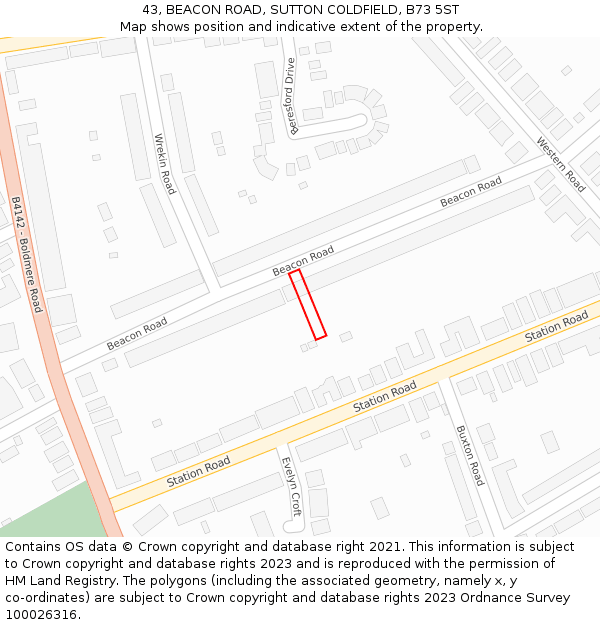 43, BEACON ROAD, SUTTON COLDFIELD, B73 5ST: Location map and indicative extent of plot