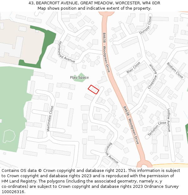 43, BEARCROFT AVENUE, GREAT MEADOW, WORCESTER, WR4 0DR: Location map and indicative extent of plot