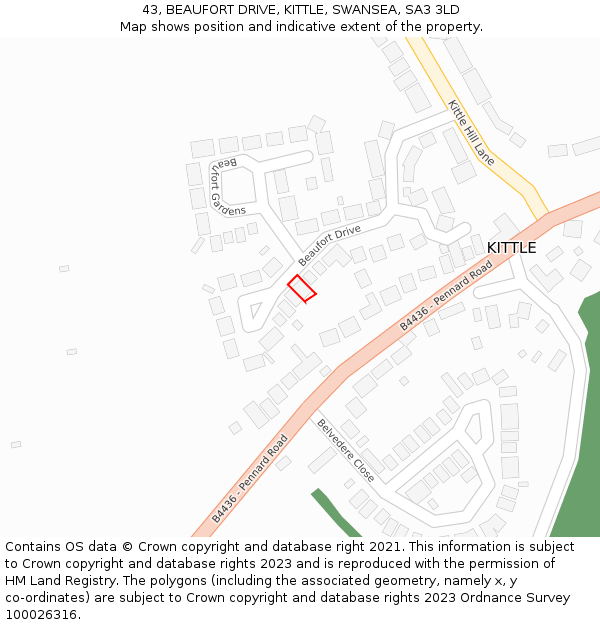 43, BEAUFORT DRIVE, KITTLE, SWANSEA, SA3 3LD: Location map and indicative extent of plot