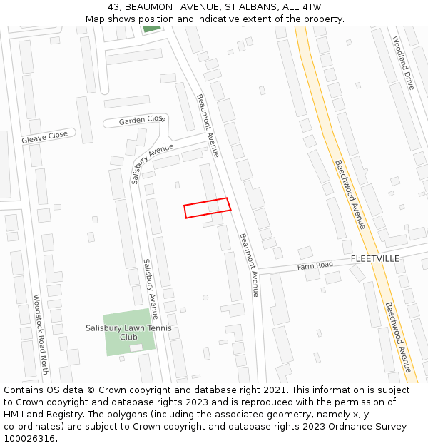 43, BEAUMONT AVENUE, ST ALBANS, AL1 4TW: Location map and indicative extent of plot
