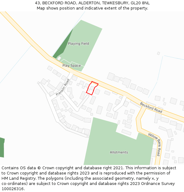 43, BECKFORD ROAD, ALDERTON, TEWKESBURY, GL20 8NL: Location map and indicative extent of plot