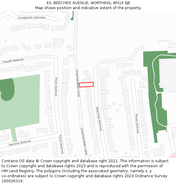 43, BEECHES AVENUE, WORTHING, BN14 9JE: Location map and indicative extent of plot
