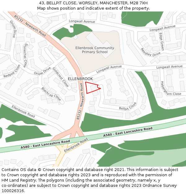 43, BELLPIT CLOSE, WORSLEY, MANCHESTER, M28 7XH: Location map and indicative extent of plot