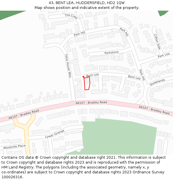 43, BENT LEA, HUDDERSFIELD, HD2 1QW: Location map and indicative extent of plot