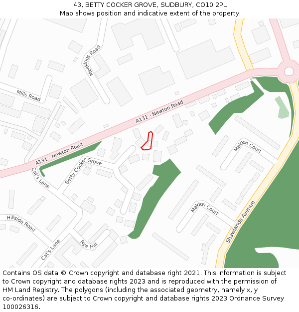 43, BETTY COCKER GROVE, SUDBURY, CO10 2PL: Location map and indicative extent of plot