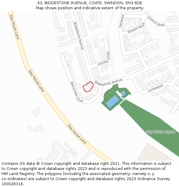 43, BIDDESTONE AVENUE, COATE, SWINDON, SN3 6DE: Location map and indicative extent of plot
