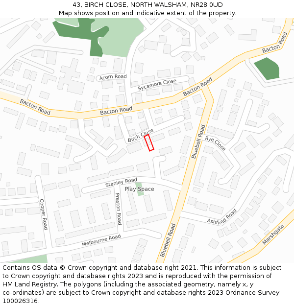 43, BIRCH CLOSE, NORTH WALSHAM, NR28 0UD: Location map and indicative extent of plot