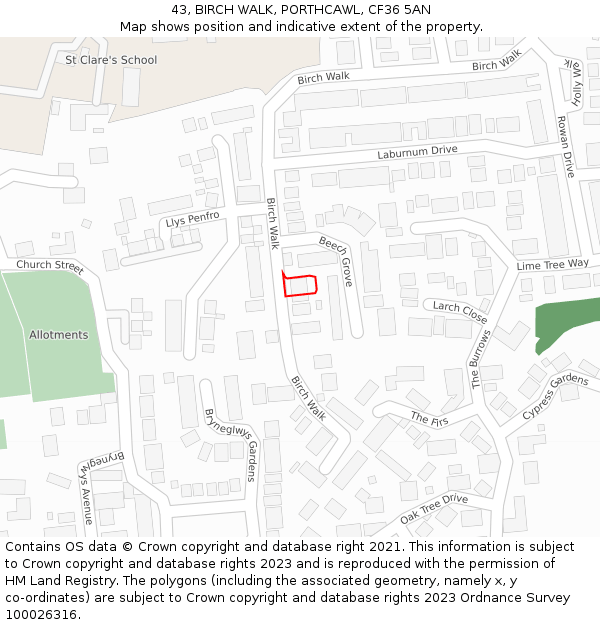 43, BIRCH WALK, PORTHCAWL, CF36 5AN: Location map and indicative extent of plot