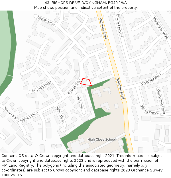 43, BISHOPS DRIVE, WOKINGHAM, RG40 1WA: Location map and indicative extent of plot