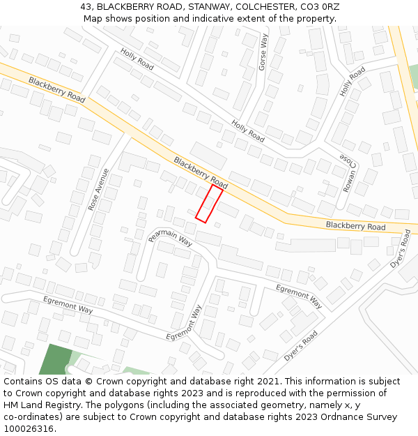43, BLACKBERRY ROAD, STANWAY, COLCHESTER, CO3 0RZ: Location map and indicative extent of plot