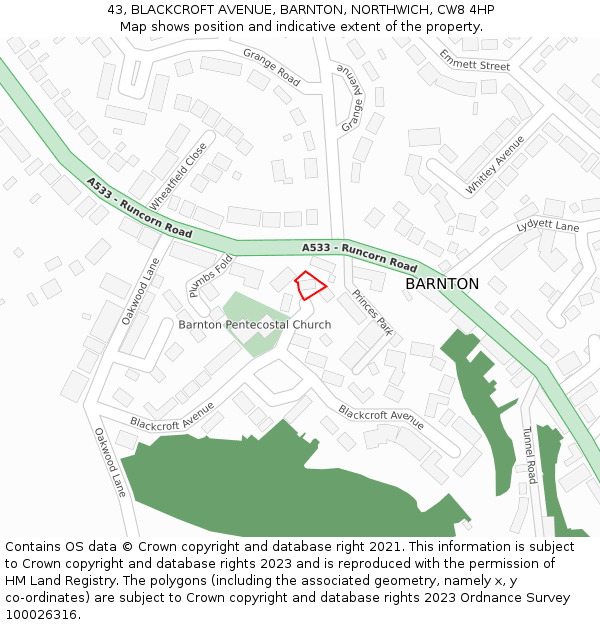 43, BLACKCROFT AVENUE, BARNTON, NORTHWICH, CW8 4HP: Location map and indicative extent of plot