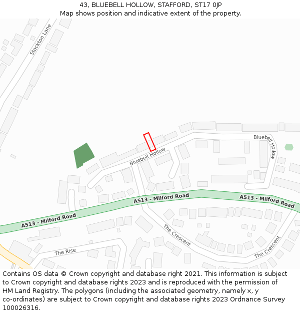 43, BLUEBELL HOLLOW, STAFFORD, ST17 0JP: Location map and indicative extent of plot