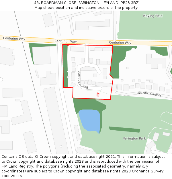 43, BOARDMAN CLOSE, FARINGTON, LEYLAND, PR25 3BZ: Location map and indicative extent of plot