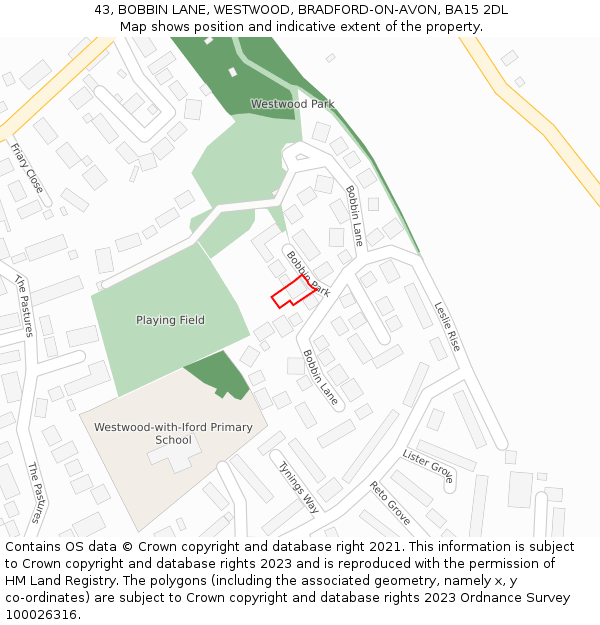 43, BOBBIN LANE, WESTWOOD, BRADFORD-ON-AVON, BA15 2DL: Location map and indicative extent of plot