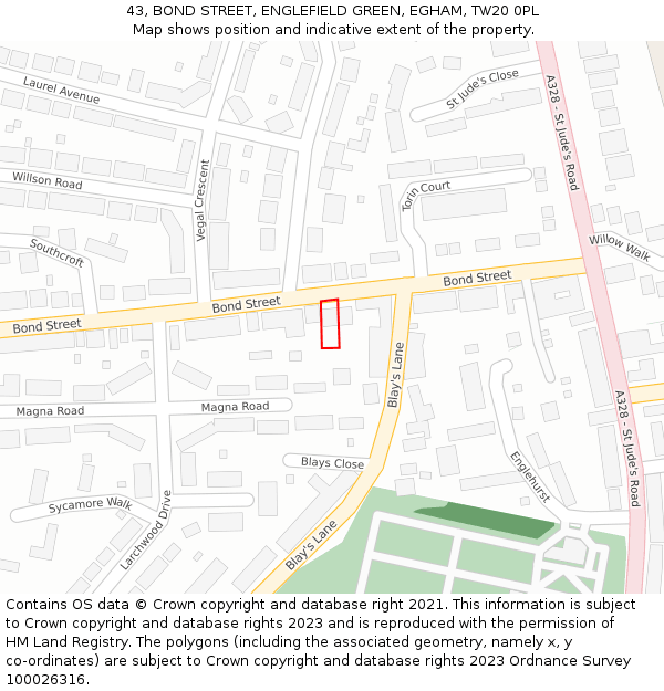 43, BOND STREET, ENGLEFIELD GREEN, EGHAM, TW20 0PL: Location map and indicative extent of plot