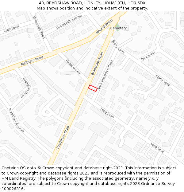 43, BRADSHAW ROAD, HONLEY, HOLMFIRTH, HD9 6DX: Location map and indicative extent of plot