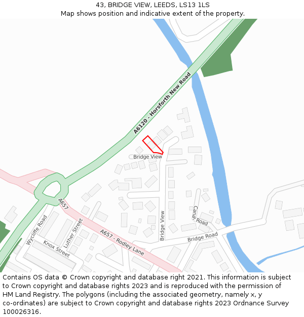 43, BRIDGE VIEW, LEEDS, LS13 1LS: Location map and indicative extent of plot