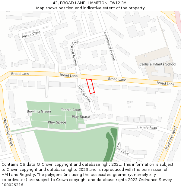 43, BROAD LANE, HAMPTON, TW12 3AL: Location map and indicative extent of plot