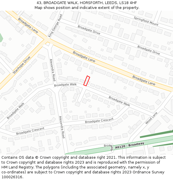 43, BROADGATE WALK, HORSFORTH, LEEDS, LS18 4HF: Location map and indicative extent of plot