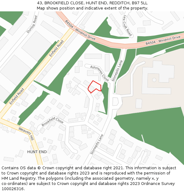 43, BROOKFIELD CLOSE, HUNT END, REDDITCH, B97 5LL: Location map and indicative extent of plot