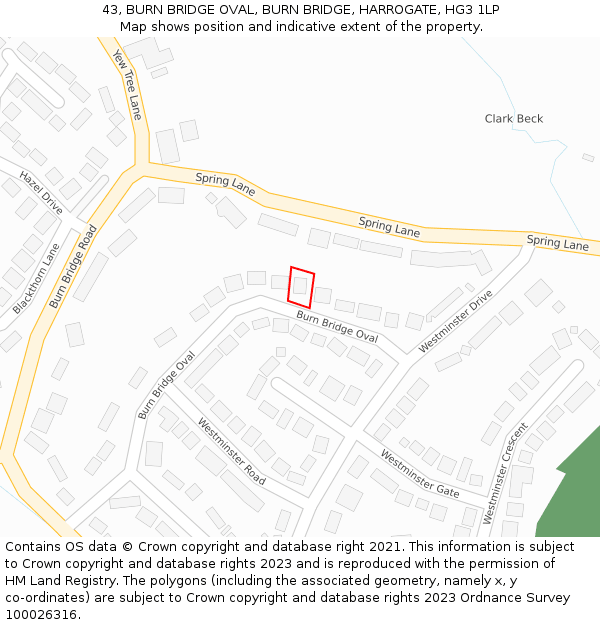 43, BURN BRIDGE OVAL, BURN BRIDGE, HARROGATE, HG3 1LP: Location map and indicative extent of plot