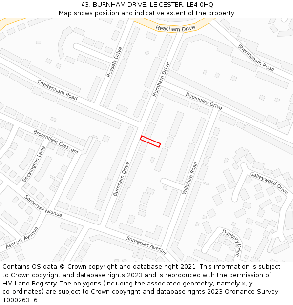43, BURNHAM DRIVE, LEICESTER, LE4 0HQ: Location map and indicative extent of plot