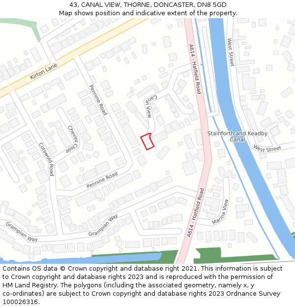 43, CANAL VIEW, THORNE, DONCASTER, DN8 5GD: Location map and indicative extent of plot