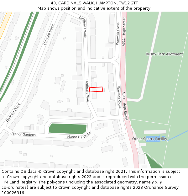 43, CARDINALS WALK, HAMPTON, TW12 2TT: Location map and indicative extent of plot