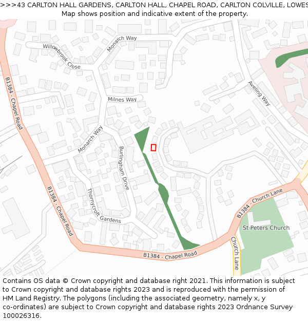 43 CARLTON HALL GARDENS, CARLTON HALL, CHAPEL ROAD, CARLTON COLVILLE, LOWESTOFT, NR33 8BL: Location map and indicative extent of plot