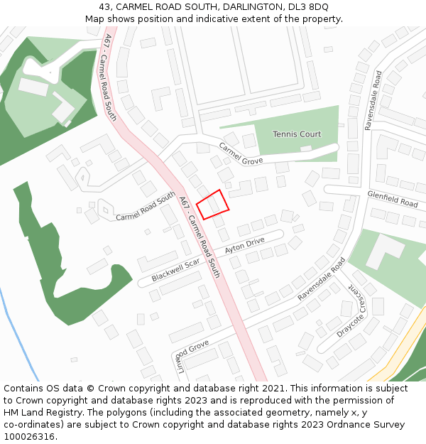 43, CARMEL ROAD SOUTH, DARLINGTON, DL3 8DQ: Location map and indicative extent of plot