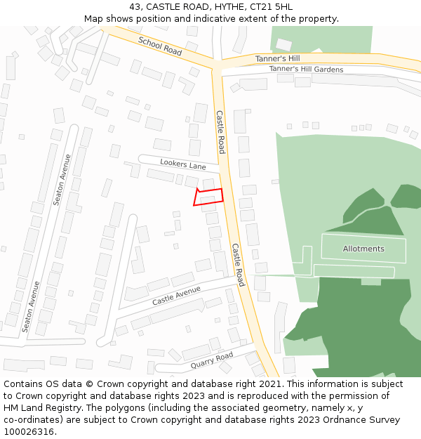 43, CASTLE ROAD, HYTHE, CT21 5HL: Location map and indicative extent of plot