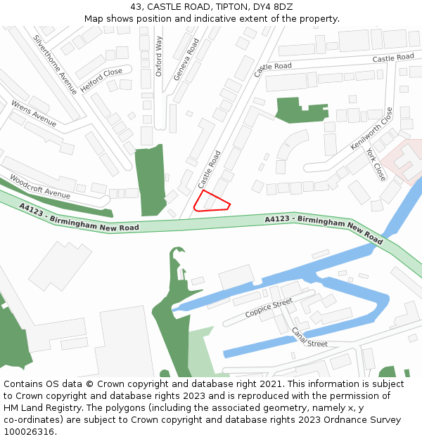 43, CASTLE ROAD, TIPTON, DY4 8DZ: Location map and indicative extent of plot