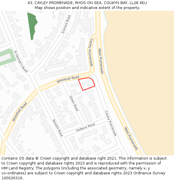 43, CAYLEY PROMENADE, RHOS ON SEA, COLWYN BAY, LL28 4EU: Location map and indicative extent of plot