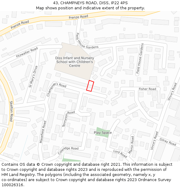 43, CHAMPNEYS ROAD, DISS, IP22 4PS: Location map and indicative extent of plot