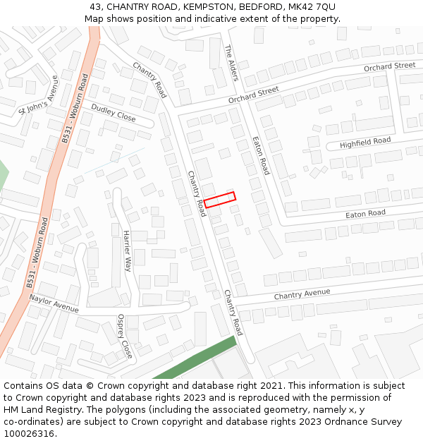 43, CHANTRY ROAD, KEMPSTON, BEDFORD, MK42 7QU: Location map and indicative extent of plot