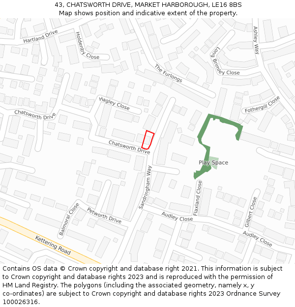 43, CHATSWORTH DRIVE, MARKET HARBOROUGH, LE16 8BS: Location map and indicative extent of plot