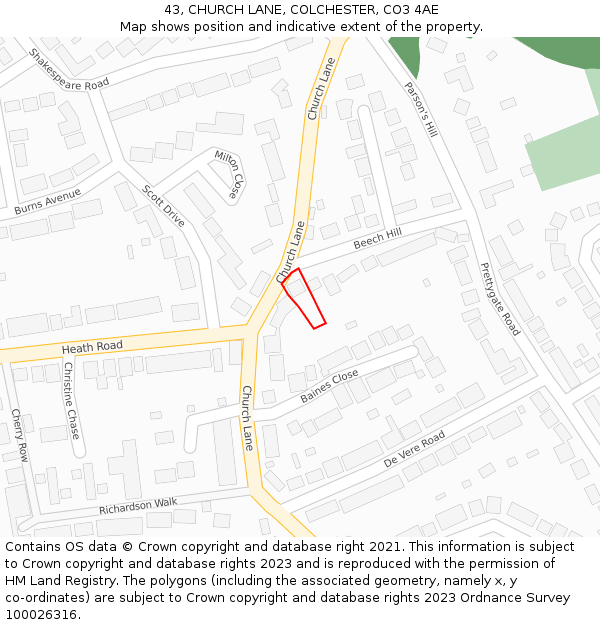 43, CHURCH LANE, COLCHESTER, CO3 4AE: Location map and indicative extent of plot