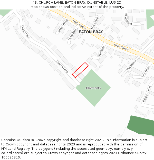 43, CHURCH LANE, EATON BRAY, DUNSTABLE, LU6 2DJ: Location map and indicative extent of plot
