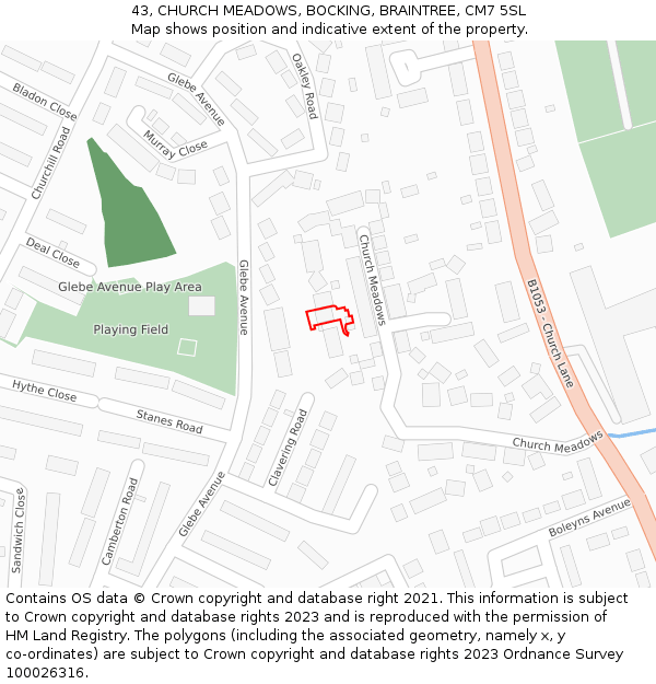 43, CHURCH MEADOWS, BOCKING, BRAINTREE, CM7 5SL: Location map and indicative extent of plot