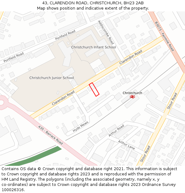 43, CLARENDON ROAD, CHRISTCHURCH, BH23 2AB: Location map and indicative extent of plot