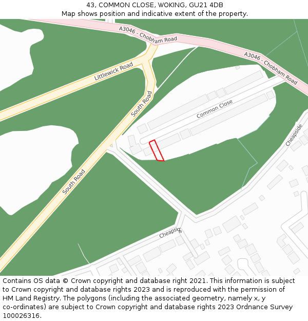 43, COMMON CLOSE, WOKING, GU21 4DB: Location map and indicative extent of plot