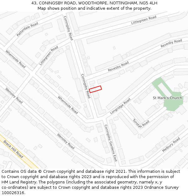 43, CONINGSBY ROAD, WOODTHORPE, NOTTINGHAM, NG5 4LH: Location map and indicative extent of plot