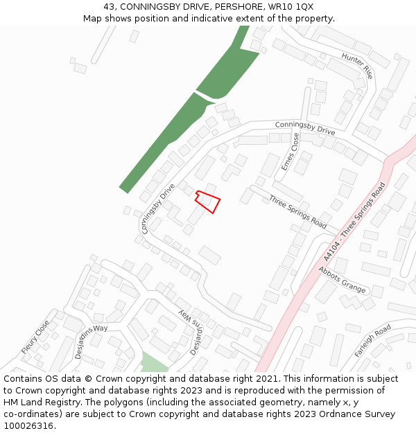 43, CONNINGSBY DRIVE, PERSHORE, WR10 1QX: Location map and indicative extent of plot