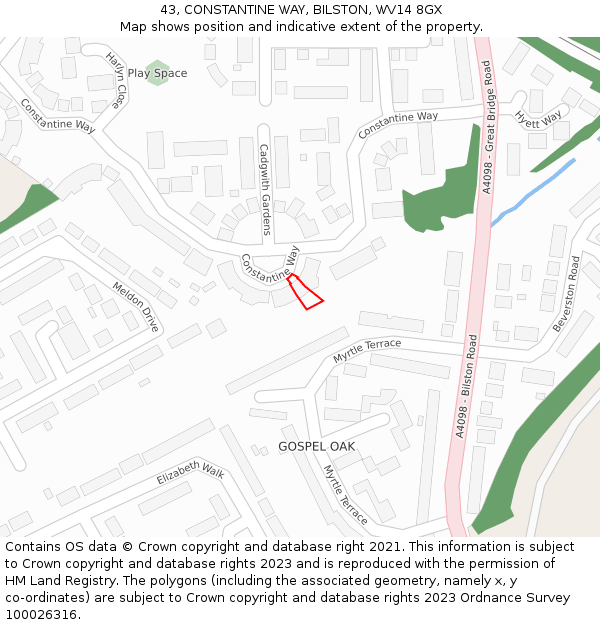 43, CONSTANTINE WAY, BILSTON, WV14 8GX: Location map and indicative extent of plot